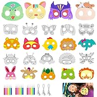 24 Masken für Kinder Tiermasken Blanko Bemalen Masken mit Bungee-Strings und 18 Farbigen Aquarell-Pinsel, zum selbst Bemalen und Gestalten, für Kinder Mädchen Junge Kindergeburtstage Cosplay