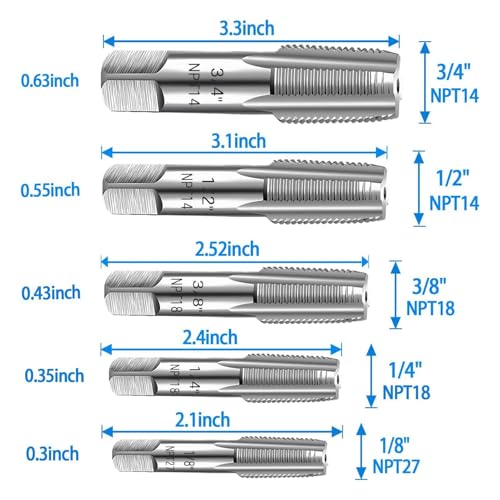 5-teiliges NPT-Rohrgewindebohrer-Set, 3/4, 1/2, 3/8, 1/4, 1/8 Zoll Sanitär-Werkzeugsatz Zum Gewindeschneiden aus Kohlenstoffstahl, Vielseitige NPT-Gewindegrößen, Präzises