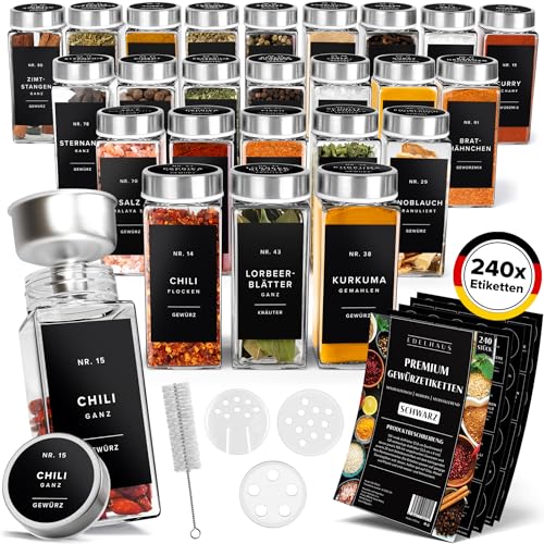 EDELHAUS® Gewürzgläser Set Edelstahl Deckel (24 Stück) Gewürzdosen mit 240 Aufkleber und...