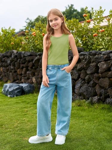 Image of Haloumoning Girls Tank Tops Kids Athletic Ribbed Knit Sleeveless Crop Tops Basic Camisole 5-14 Years