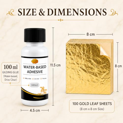 Image of 100 Sheets 8x8cm Gold Leaf Sheets Foil Paper with Water-Based Gilding Adhesive Glue | 100ml Gold Leaf Glue for Gilding, Resin Art, DIY Crafts, Furniture, Canvas, Glass & Home Decor