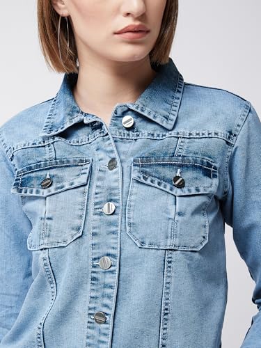 Image of Miss Chase Women's Polo Neck Full Sleeves Patch Pocket Denim Overcoat Knee-Length Jacket