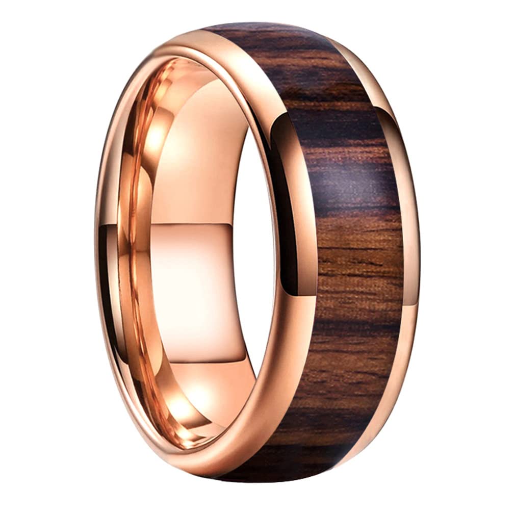 Sunrise100 8mm Mens Rose Gold Bands Tungsten Carbide Ring Nature Dark Red Wood Inlay Comfort Fit Wedding Rings