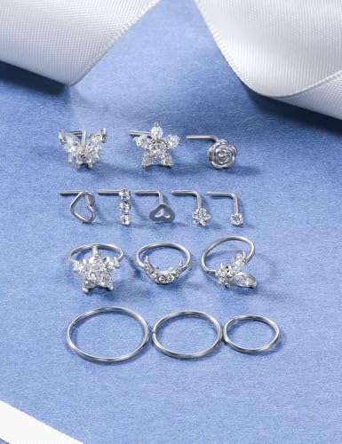 20G Nose Rings Hoops 316L Stainless Surgical Steel Hypoallergenic Nose Rings Studs Piercing Jewelry for Women Men Diamond Clear CZ Silver Gold Black Rainbow Rose Gold2