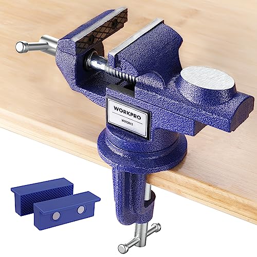 WORKPRO Bench Vise, 2.5 Inch Jaw Width Universal Table Vise, 360°Swivel Base Home Vice Bench Clamp with Magnetic Jaw Pads, Portable Clamp-on Vise Bench for Woodworking, Metalworking, Drillin