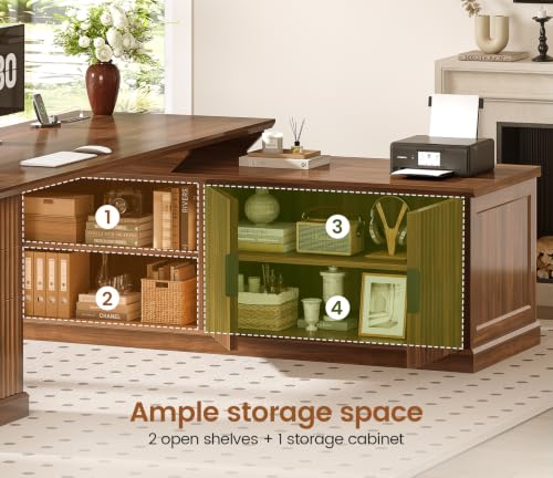 Image of SEDETA Fluted 70.9 inch L Shaped Desk with Drawers, Fluted Brown | Home Office Desk with Storage Cabinet and Storage Shelves,L Shaped Computer Desk with Power Outlet
