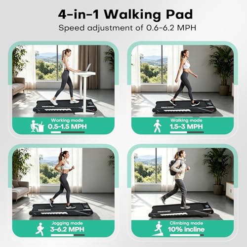 Image of 4-in-1 Walking Pad Treadmill with Speaker, 6.2MPH Walking Pad with 10% Incline, Under Desk Treadmills for Home with App Compatible, 2.75HP Brushless Drive, 12 HIIT Programs, 350 LB Weight Capacity