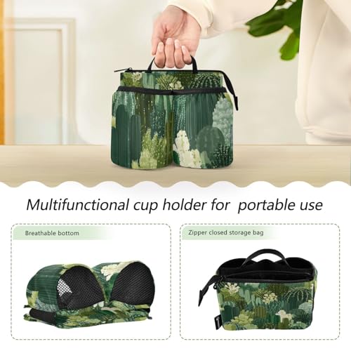 Image of Luggage Cup Holder for Suitcases Free Hands Suitcase Cup Holder Travel Luggage Drink Holder Portable Luggage Cup Caddy Bag Carrier with Handle Green Cacti Plants