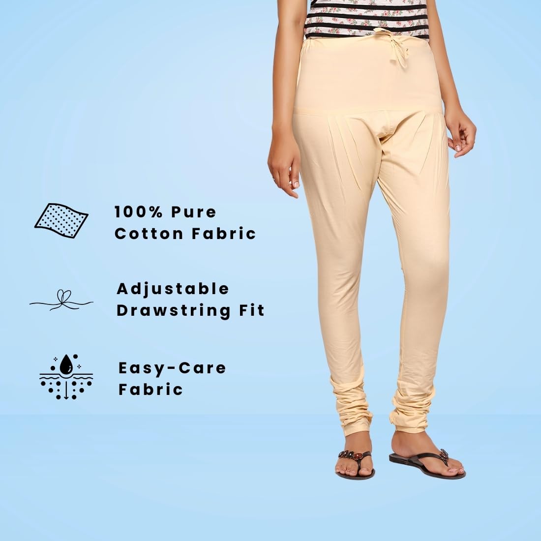 Happy Bunny Women’s Cotton Gathering Churidar Pants - Ethnic Gathereing Ankle, Drawstring Waist Bottoms for Kurtas, Office, Party, Casual Clothing (XL, Skin) - Image 2 thumbnail