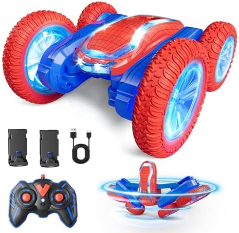 Remote Control Car, Sunt RC Cars for Kids Boys Girls 4-6 7-12 RTR 4WD with 360 Rotation, Double Sided, LED Lights, Music, 2.4Ghz 4, 2 Rechargable Batteries 40Mins Play Christmas Toy Gifts