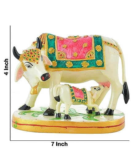 Image of SEVLIYA Traders Polyresin Jai Cowstatue /Showpiece /Murti Gift & Home Decor Marble Dust, Showpiece For Home Decor, Handmade Divine Cow, Mother Cow With Baby Calf, Kamdhenu 7X4 Inch, White