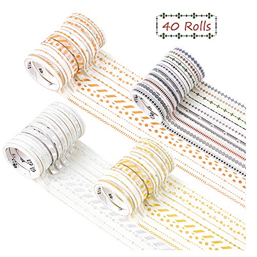 40 Rolls 5mm Wide Washi Tape Set Foil Gold Washi Masking Decorative Tape Set Cute Washi Tape for Bullet Journals, Arts, DIY Crafts, Planners, Scrapbook (40 Rolls Foil Gold)