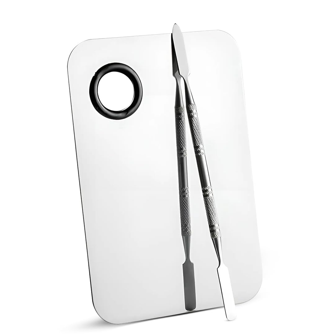 SKINPLUS Mixing Makeup Palette, Stainless Steel Cosmetic Palette with Spatula Tool (Silver, Rectangle Plain Surface)