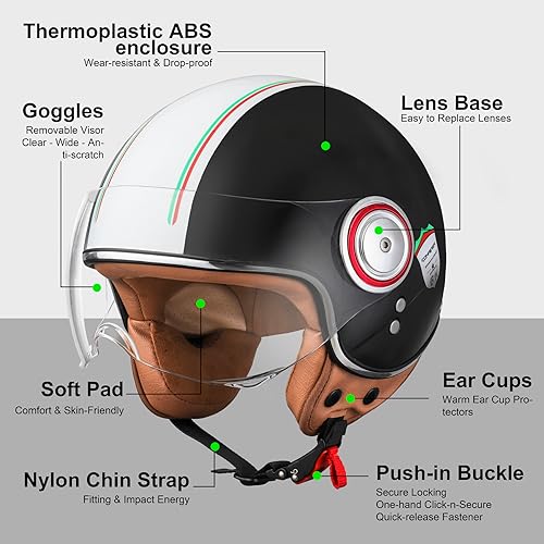Image of Open Face Motorcycle Helmet for Adults, Half Face Moped Helmets for Men, 3 /4 Retro Vespa Helmet, Classic Vintage Motorcycle Helmet for Women, DOT Approved