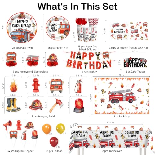 Image of 206Pcs cocomigo Firetruck Birthday Decorations Tableware Set, 25 Serves