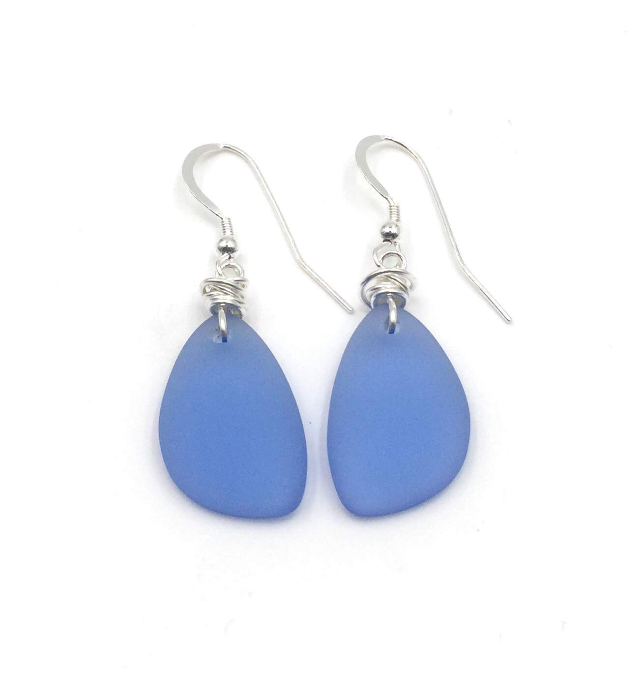 Popular Dusty Periwinkle Blue Sea Glass Earrings with Handmade Knot and Sterling Silver Hooks Great with Jeans Beautiful
