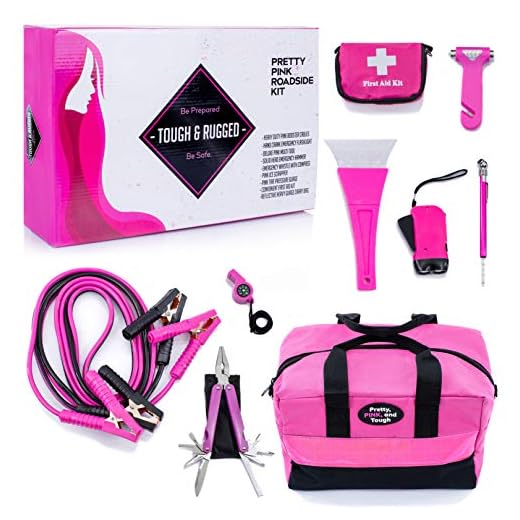 Gears Out Pretty Pink Roadside Kit - Pink Emergency kit for Teen Girls and Women - Lightweight, Soft-Sided Carry Bag with Pink Jumper Cables, First aid kit, and Pink Tools, 5 Year Warranty