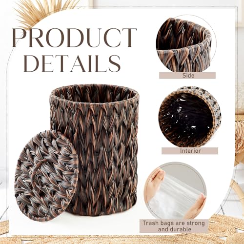 Image of Ctosree 1.3 Gallons Small Trash Can with Lid Handle Boho Woven Braided Bathroom Waste Basket Trash Can with 100 Garbage Bags for Bedroom Office Laundry(Braided Polypropylene, Dark Brown)