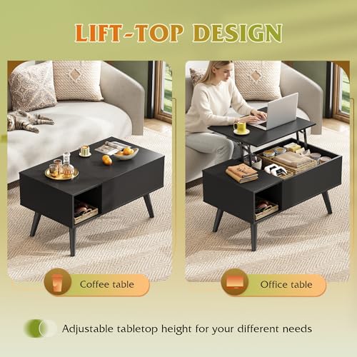 Image of WLIVE Coffee Table for Living Room, Small Coffee Table with Storage, Lift Top Modern Wooden Dining Center Table with Storage Shelf & Hidden Compartment, 31.5 inch Black
