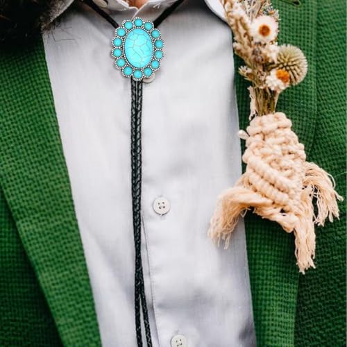 Image of AZORA Western Cowboy Bolo Tie Men Leather Necktie Leather Cord Turquoise Stone Bolo Ties for Men Women