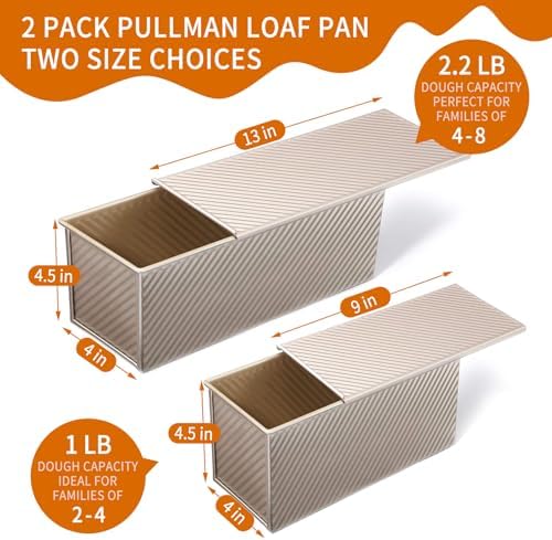 2 Pack Pullman Loaf Pan with Lid, 13x4 & 9x4 inch (2.2 lb & 1 lb Dough Capacity), Non-Stick Sandwich Bread Loaf Pan for Homemade Baking Bread, Gold - Thumbnail 4