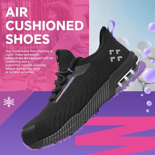 SPIEZ Women‘s Safety Shoes Lightweight - Non Slip Composite Toe Work Shoes with Air Cushion, Slip on Fashion Sneakers for Woman Daily Wear with Arch Support Insole, Black Purple US 5-9.52