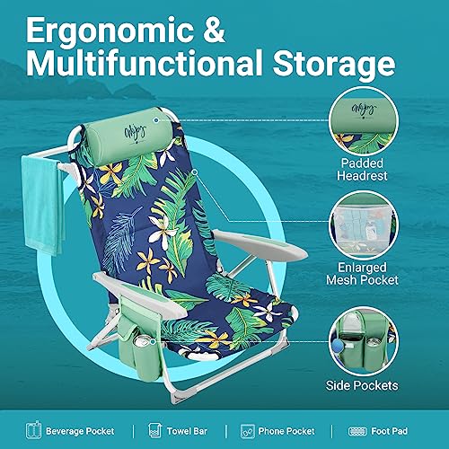 #WEJOY Aluminum Lightweight 4-Position Beach Chair, Reclining Low Folding Beach Chairs for Adults with Carry Strap Cup Holder Pocket Armrest Headrest for Outdoor Camping Lawn (Rainforest)