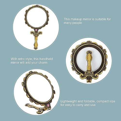 Image of Metal Vintage Round Hand Mirror With Back Side Rose Design, Gold, Pack Of 2