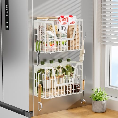 Image of 2 Set Magnetic Fridge Shelf, White Magnetic Fruit Basket for Fridge | Potato and Onion Storage Bins, Wire Baskets Magnet Shelves Spice Rack for Refrigerator Laundry Kitchen Organizer and Storage