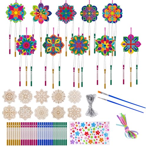 Vxcvzv 10 Stück Windspiel Bastelset DIY Holz Basteln Windspiele, Holzbastelsets Deko Garten Kreative für Hochzeit Party Feier Geburtstag Gastgeschenke Haus- und Gartendekoration(Mandala)