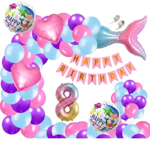 Image of 60 pcs 8th Birthday Decoration for Girls Tail Foil Balloon Garland Rainbow Number Foil Theme Birthday Decorations Aqua Theme Birthday Decorations (Pack of 60, Multi)