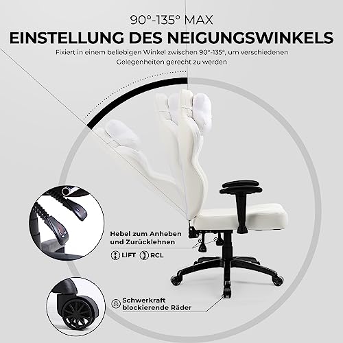 Sedia da gioco con pelle PU, sartoriale da gioco, per persone pesanti, ergonomica, inclinabile, per computer, grande e grande ufficio, con schienale alto (bianco) - Sedia gaming - Immagine 6