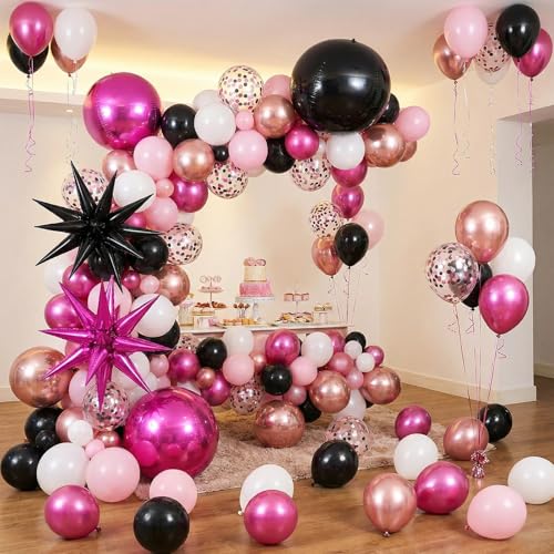 Image of 6pcs 22 Inch Hot Pink Black Star Balloons And 4d Large Foil Balloons, Hot Pink Foil Star Spike Balloon Black 4d Ball Balloon For Girls Women Birthday Baby Shower Party Wedding Anniversary Decorations