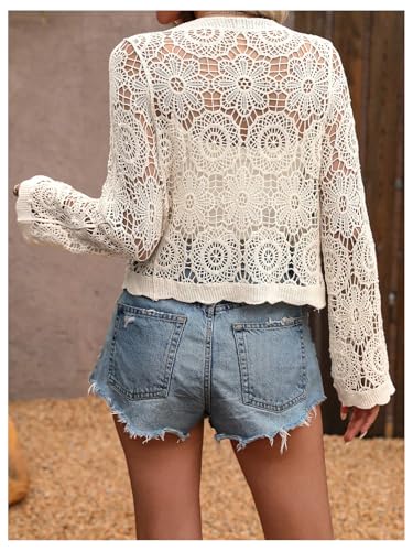 Women's Cardigan Sweater Crochet Hollow Out Button Front V Neck Long Sleeve Knit Crop Sweater Top2