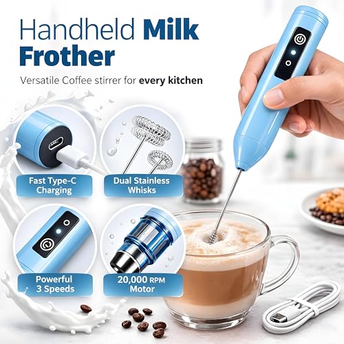 Image of Coffee Frother - Electric Rechargeable Coffee Maker Machine for Home Electric Coffee Frother & Milk Whisker | 1 Year Warranty | Free Recipe Book (Frother) (Glacier Blue)