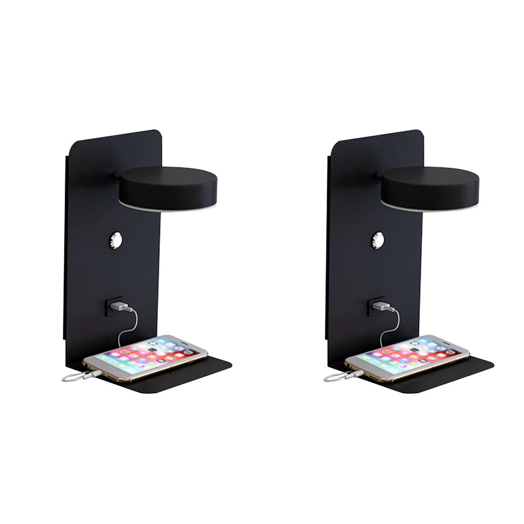 Hndhbfgrt 2X Reading Wall Light with USB Port Charging Rack Bedside Lamp with Switch -Black