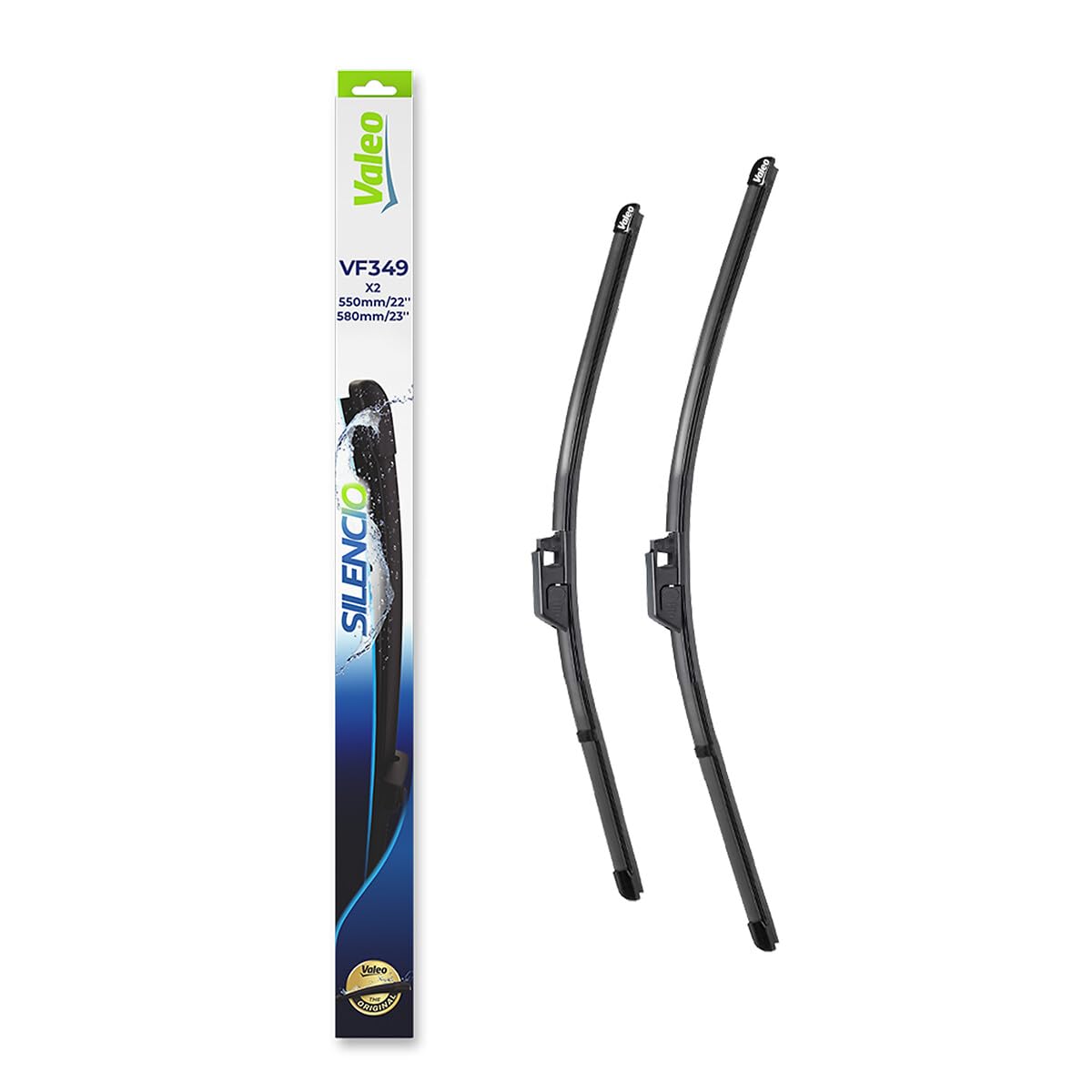 VALEO Silencio Tergicristalli VF349 Kit di Spazzole tergicristallo originali Flat Blade ad Alte Prestazioni, Maggior Visibilità su Strada 550mm/580mm Anteriore Confezione da 2 574353