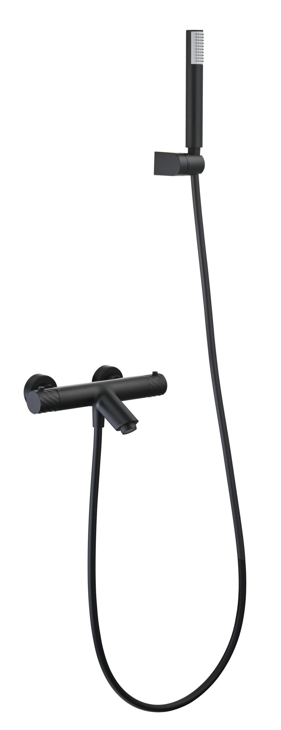 IMEX - Miscelatore Termostatico per Vasca e Doccia, Nero | Miscelatore a Parete con Supporto per Soffione Doccia e Tubo Flessibile | Rubinetto in Ottone e Acciaio Inox S.304 | Serie Bless | Nero Opaco