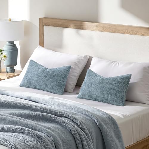 Image of MIULEE Pack of 2 Coastal Blue Lumbar Throw Pillow Covers 20x12 Inch Summer Modern Boho Accent Decorative Pillow Covers Soft Chenille Farmhouse Cushion Covers for Home Couch Decor Bed Sofa Living Room