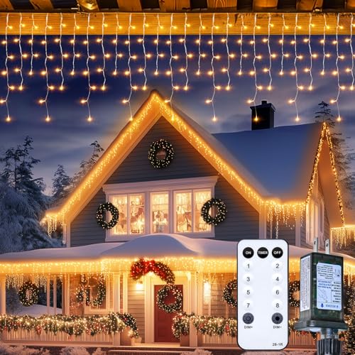 Brightown Icicle Lights: 40Ft Weatherproof, 432 LED Icicle Adjustable Timing, Warm White Eaves & Outdoor Decor