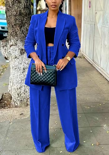 Tcremisa Pants Suits for Women Dressy 2 Piece Business Casual Outfits Double Breasted Blazer Wide Leg Pants Set Office Work2