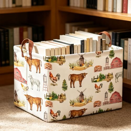 Image of Rectangle Storage Basket with Handles,Collapsible Storage Bin,Books Box,Gift Basket(Farm)