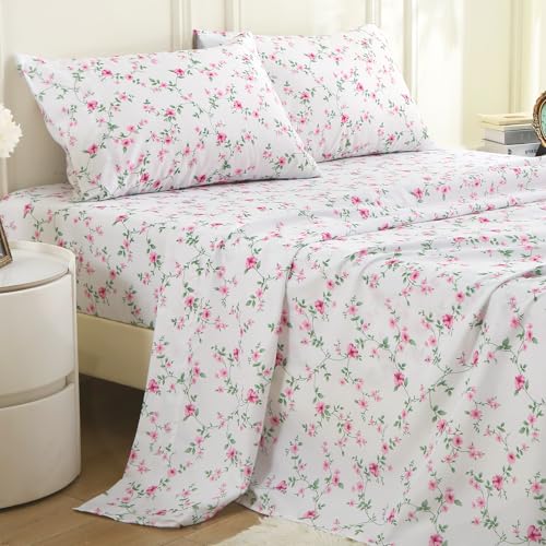 Image of MUXHOMO Full Size 4 Piece Sheet Set, Soft & Breathable Sheet Set for Bedroom with Deep Pocket Up to 16 inch, Wrinkle-Free & Cooling Bed Sheet with Flat Sheet, Fitted Sheet & Pillowcases - Pink Vines