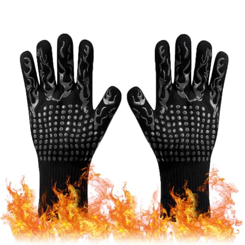 Oven Gloves Extreme Heat Resistant Hand Protection Grill Gloves Non-Slip Silicone Barbecue Gloves 800℃/ 1472℉ Fit for Kitchen Cooking Baking Welding Cutting Waterproof Fireproof Oil Resistant(Black)