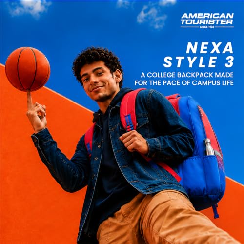 Image of American Tourister Nexa Style 03 | 32 L Backpack | 3 Compartments | School & College Bag for Men & Women | Blue /Red | 1 Yr Global Warranty