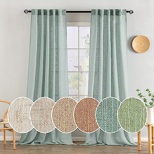 MIULEE Sea Green Linen Curtains 108 Inches Long for Bedroom Living Room, Soft Thick Linen Textured Window Drapes Semi Sheer Light Filtering Back Tab Rod Pocket Burlap Look Aqua Decor, 2 Panels