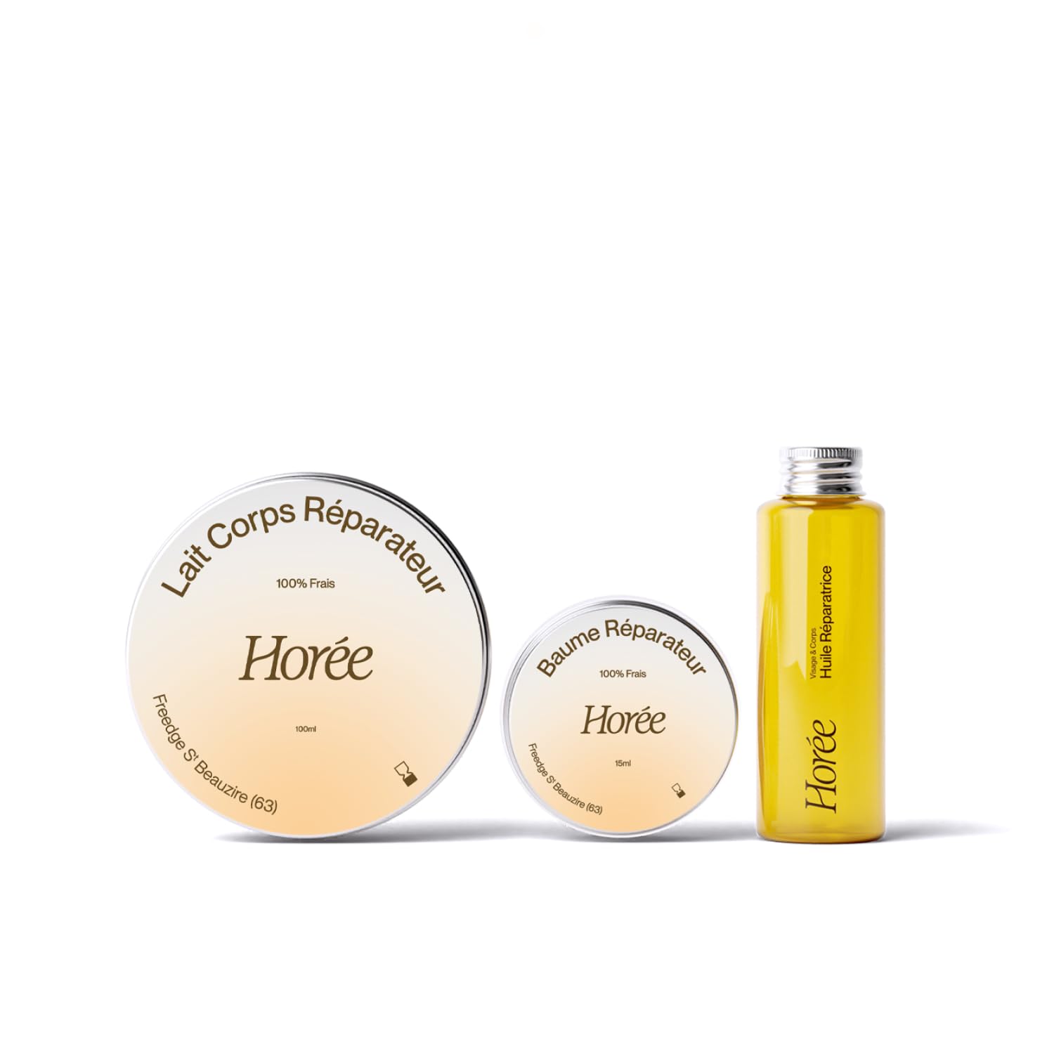 HORÉE - Coffret Cadeau - 3 Soins du Corps Réparateurs - Répare & Apaise - Lait Corps + Huile Visage & Corps + Baume Multi-usages - 100% Frais & d'Origine Naturelle - Vegan - Peaux sèches à très sèches