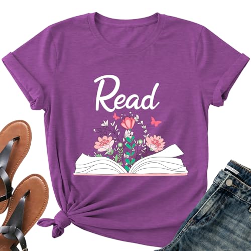 Image of Read Book Shirt for Women-Reading Teacher Tee Tops Pink Flower and Butterfly Short Sleeve Cute Book Shirt