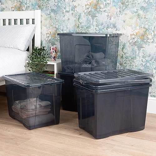 Wham Crystal 5 x 80L Stackable Plastic Storage Boxes with Lids | Ideal for Home, Office, Toys & More | Large Boxes | Made in UK - Smoke