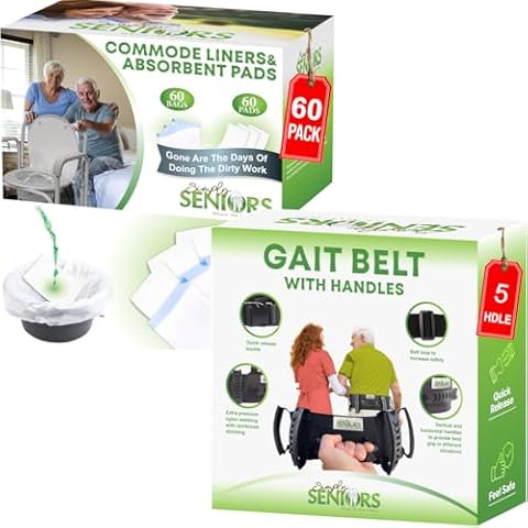 Commode Liners with Absorbent Pads & Gait Belt for Seniors - 60 Strong Portable Toilet Bags & Pads - Bedside Commode Liners Disposable - Transfer Gate Belts with Handles for Lifting Elderly & Patient Cover